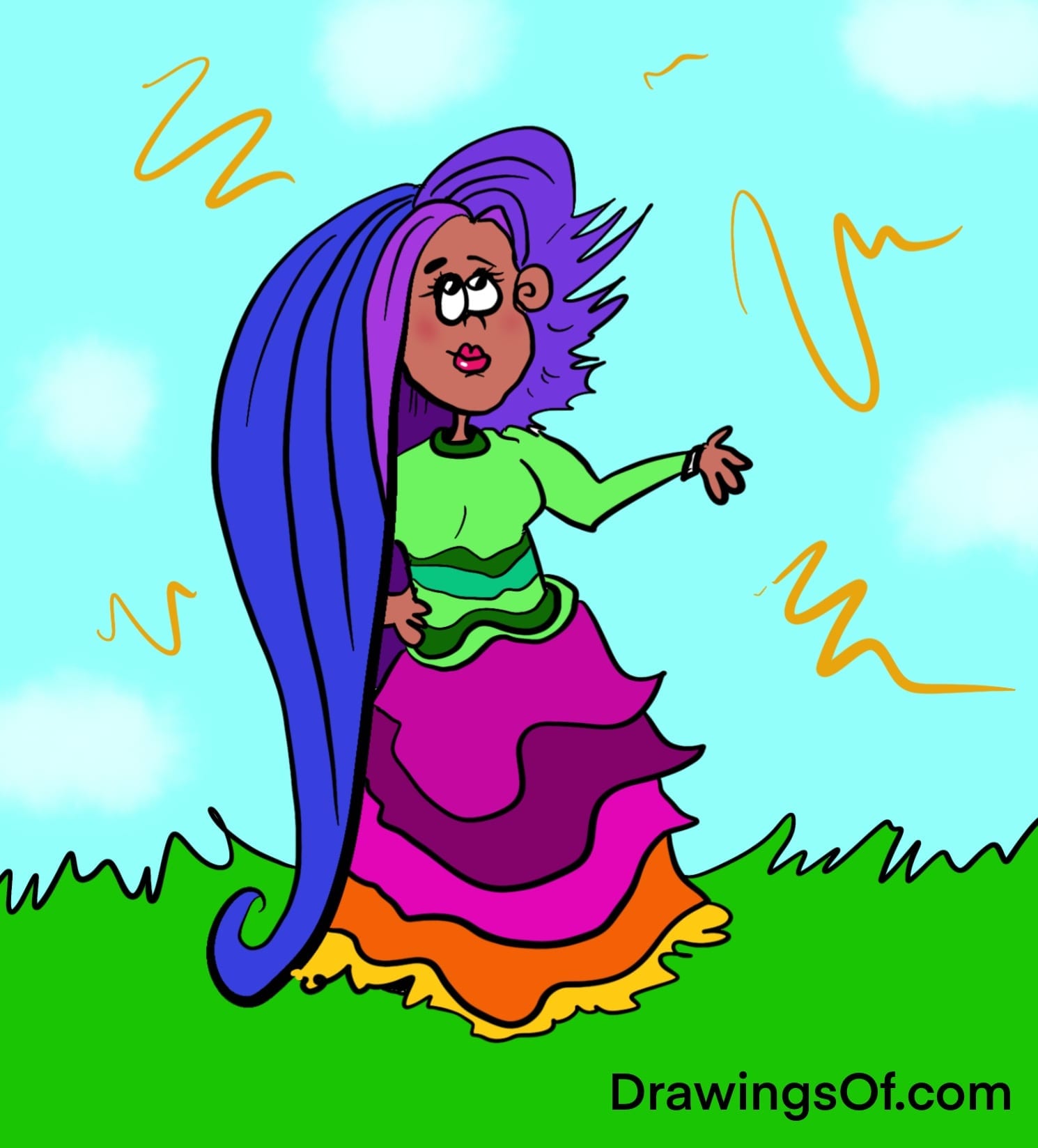 Cartoon of blue and purple hair: Long on one side, short on the other.
