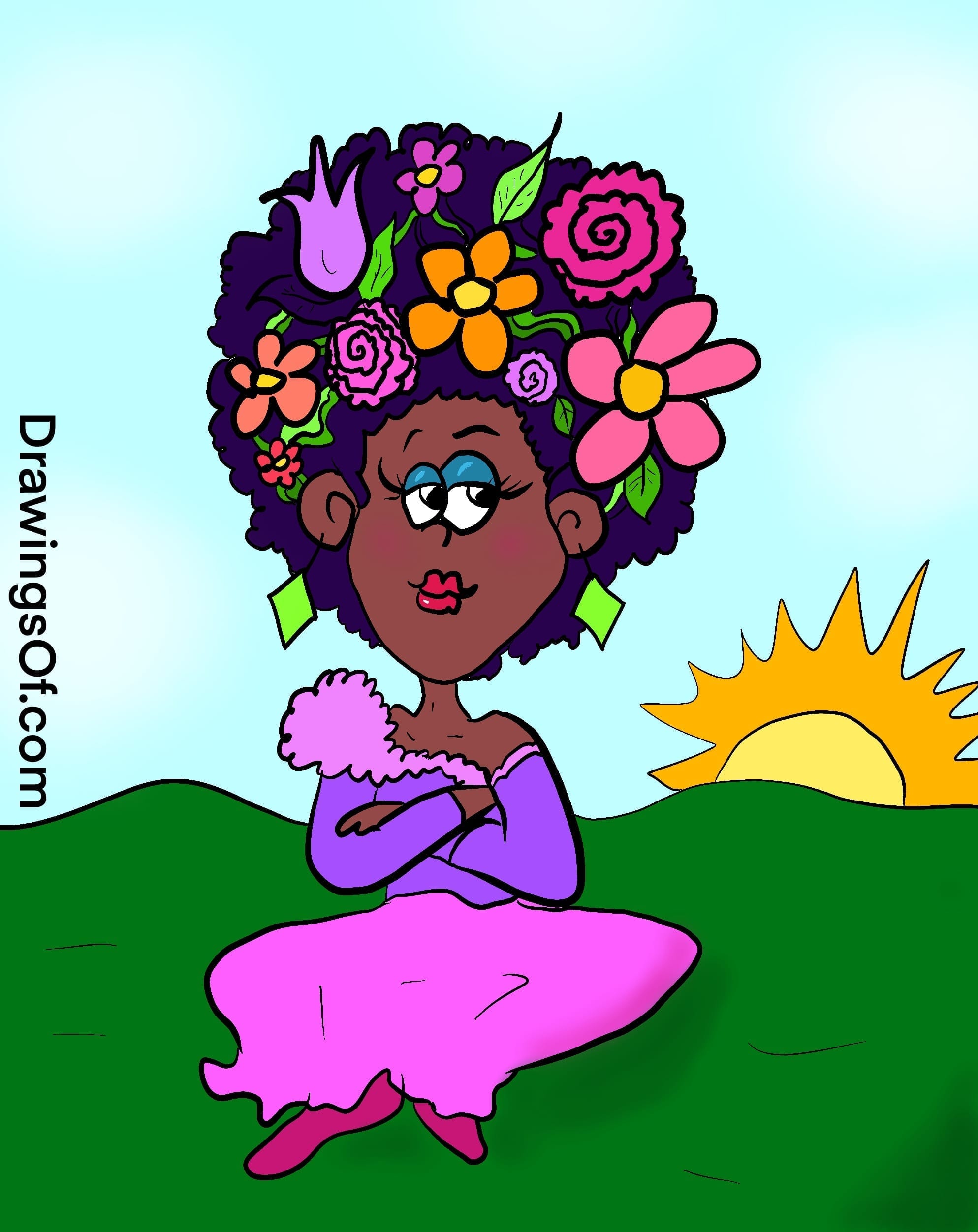 Cartoon of colorful flowers in a woman's hair