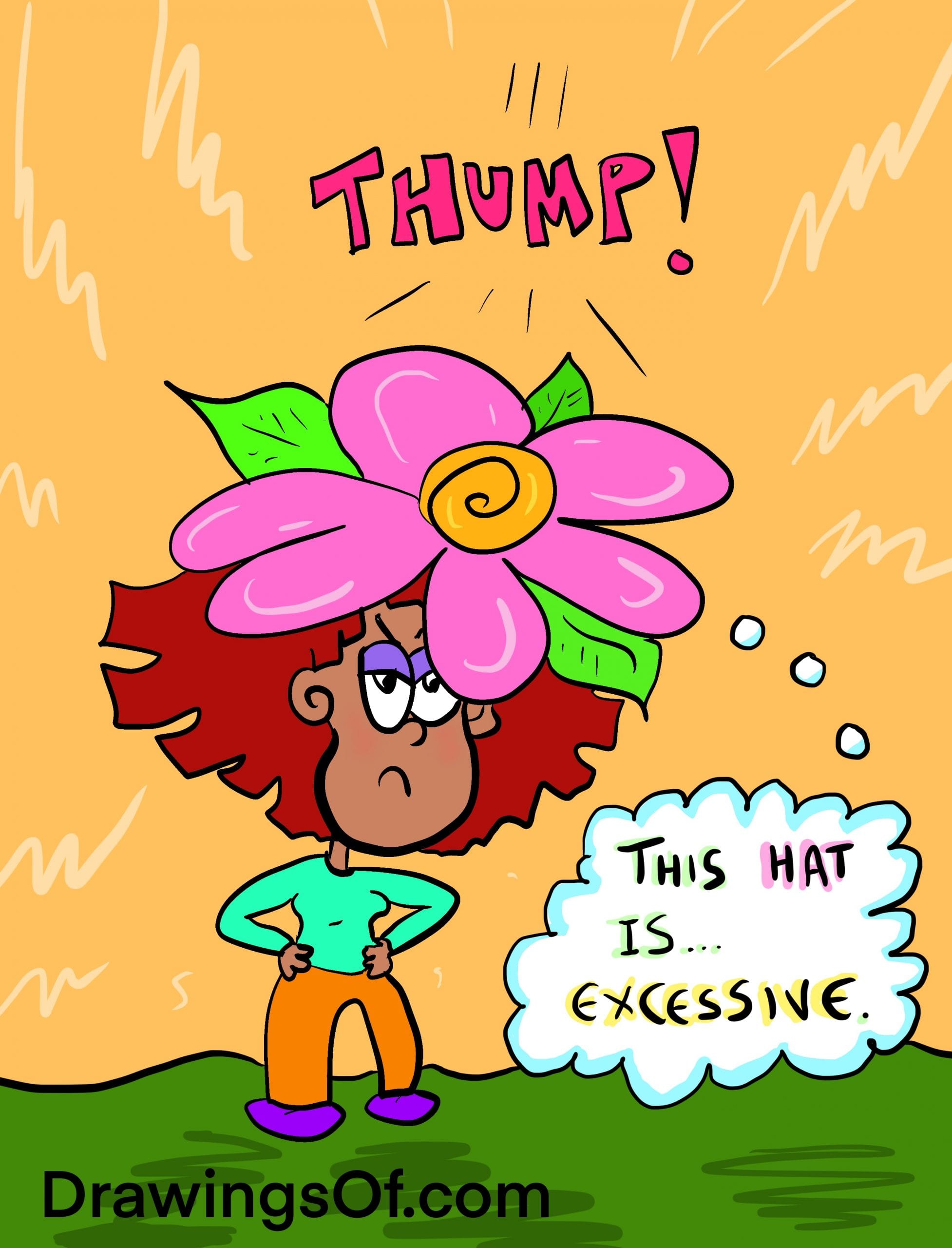 Cartoon of angry person with giant flower hat on head.