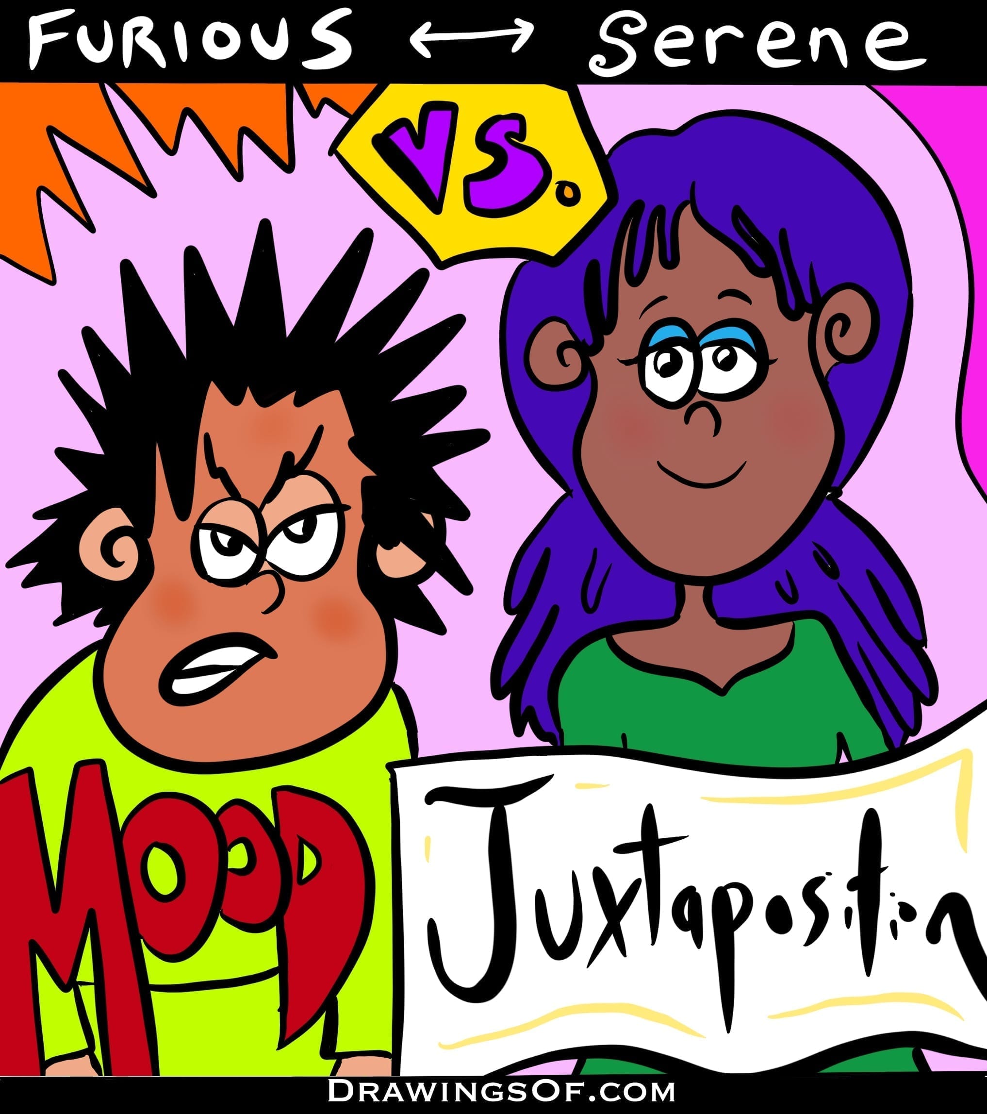 Juxtaposition sentences and examples in cartoon art: different moods