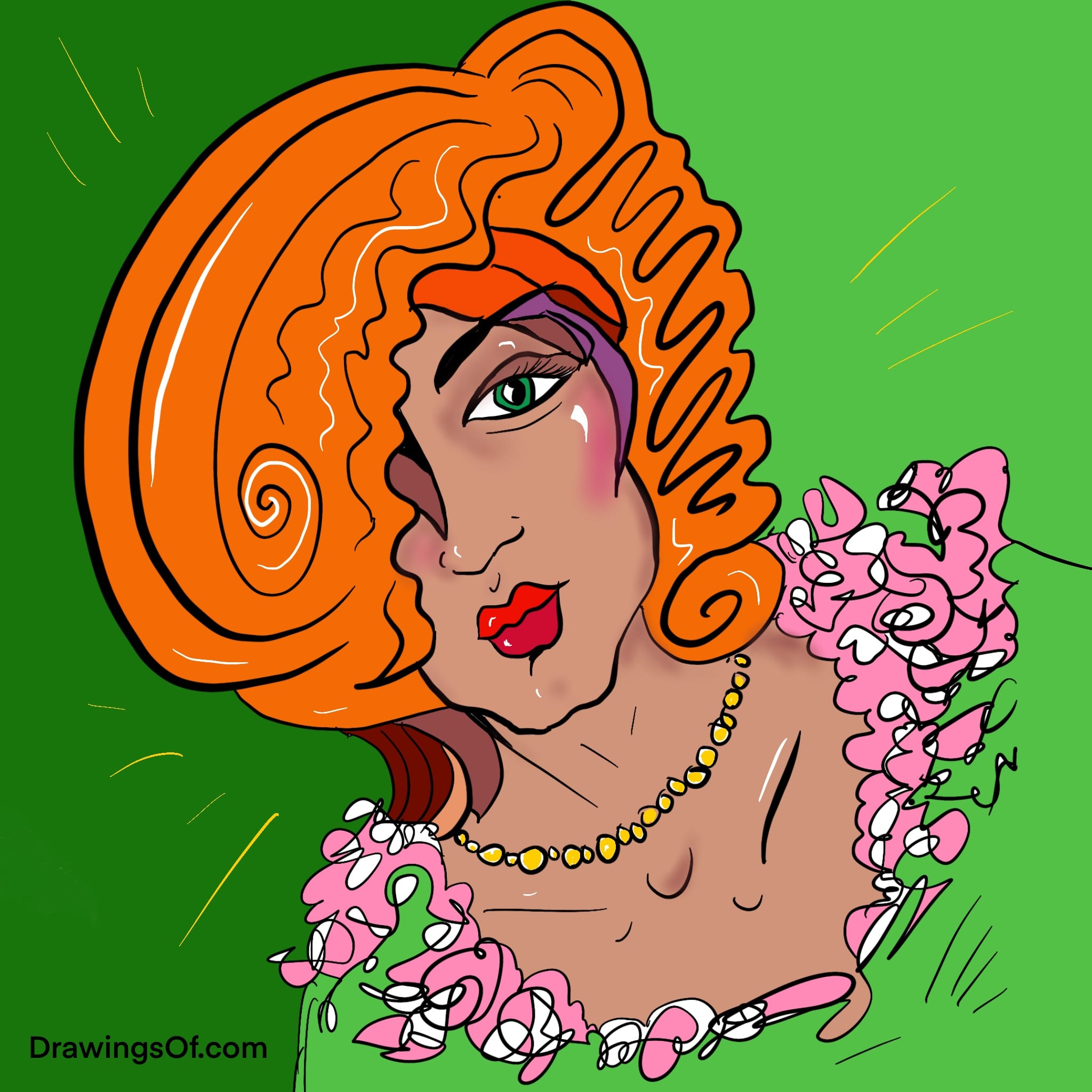 Drawing of orange hair, yellow pearls, and a green dress.