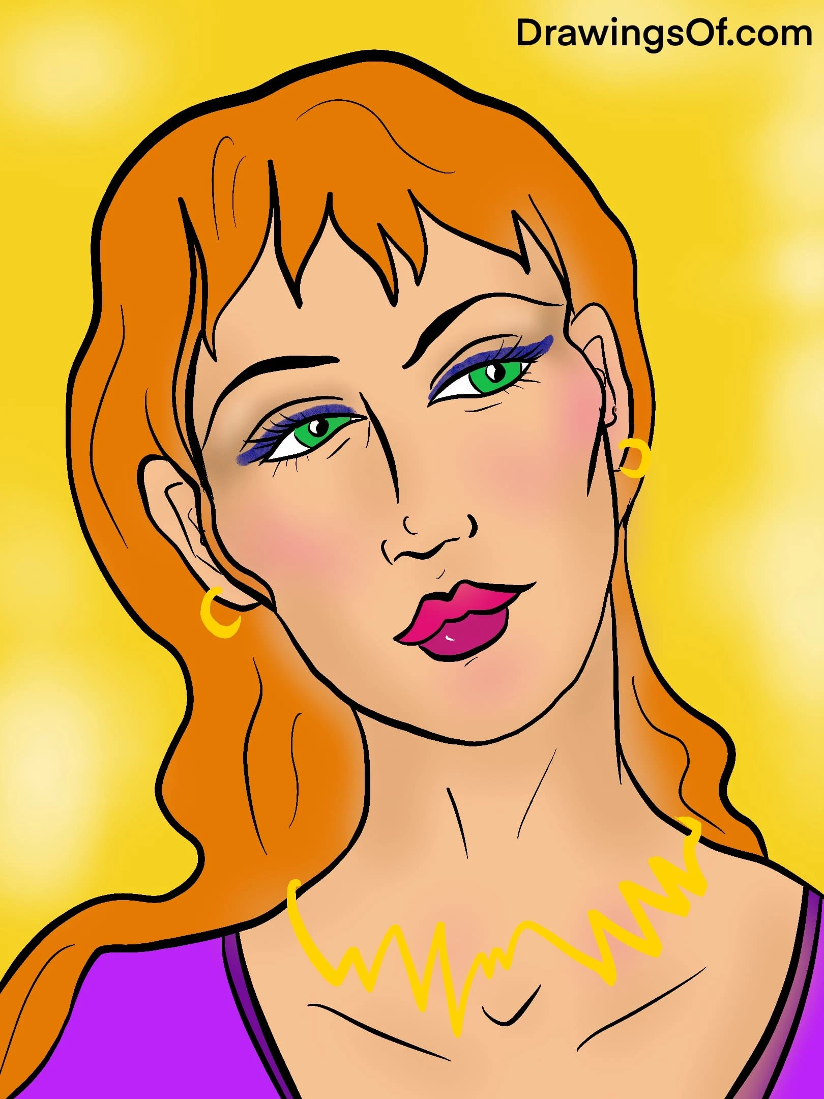 Line drawing of woman with orange hair and makeup
