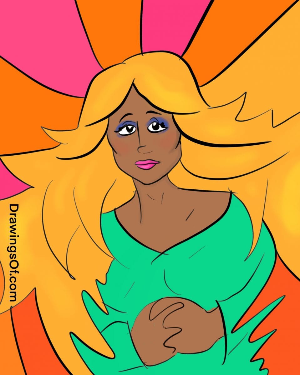 Woman drawing with bright colors and big eyes