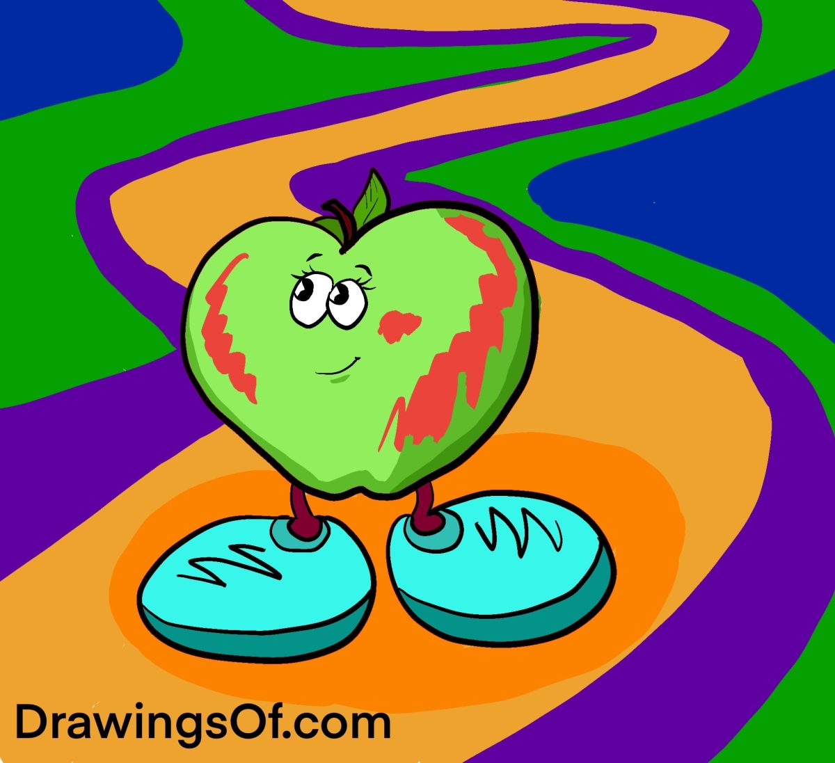 Apple cartoon walking on path