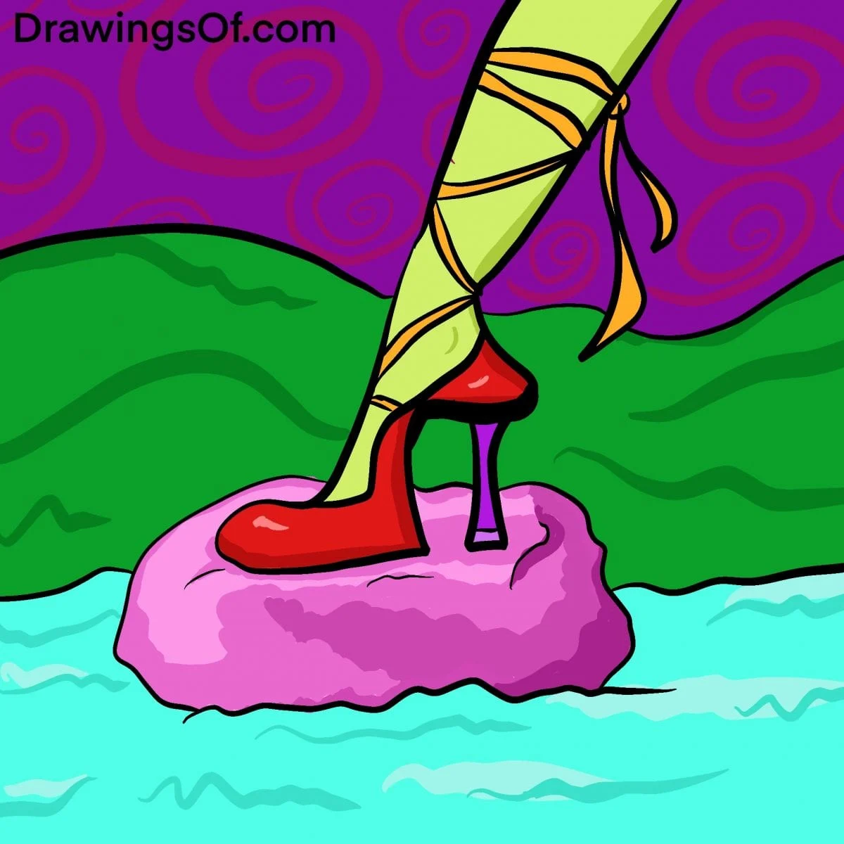 Red high heel on a rock in the river drawing