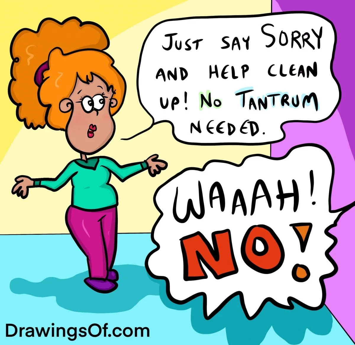 Cartoon mother gives advice on what a child should do after messing up, but child says no and has tantrum.