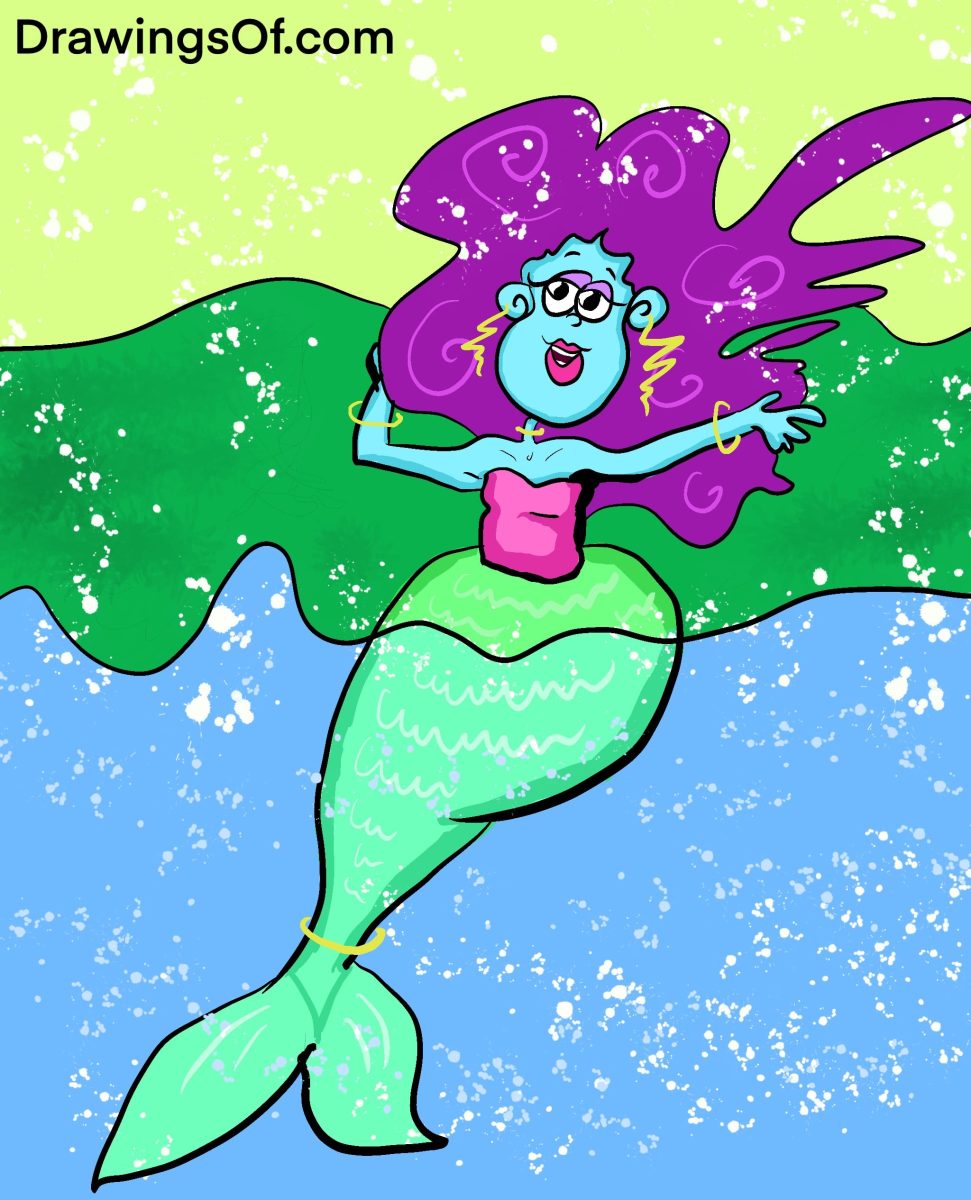 Mermaid cartoon with blue skin and purple hair