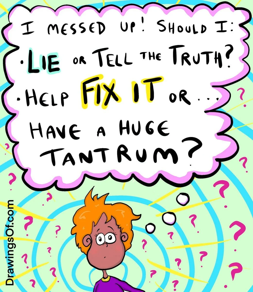 Child deciding what to do after messing up: lie and hide or tell the truth and help?