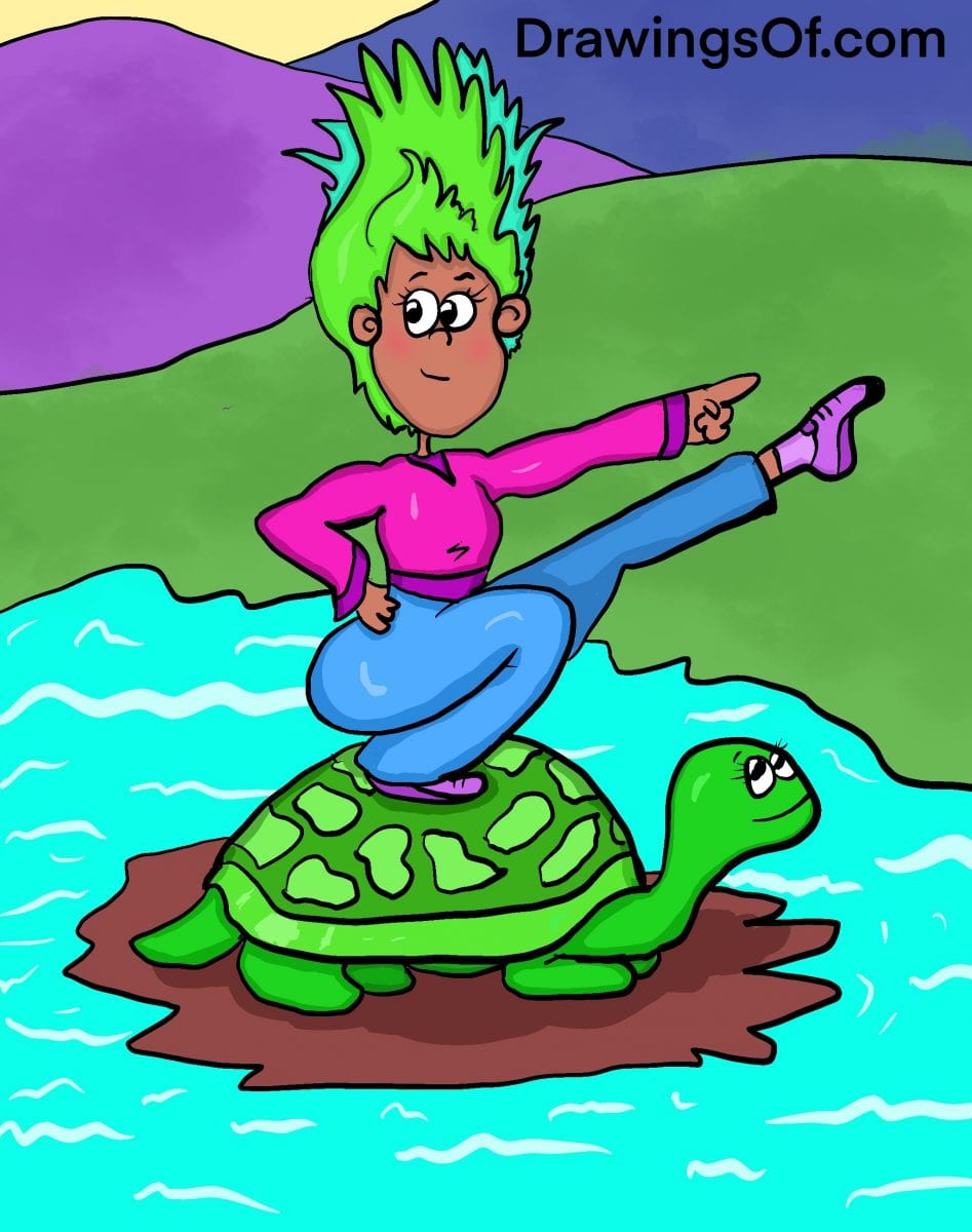 Cartoon woman riding turtle