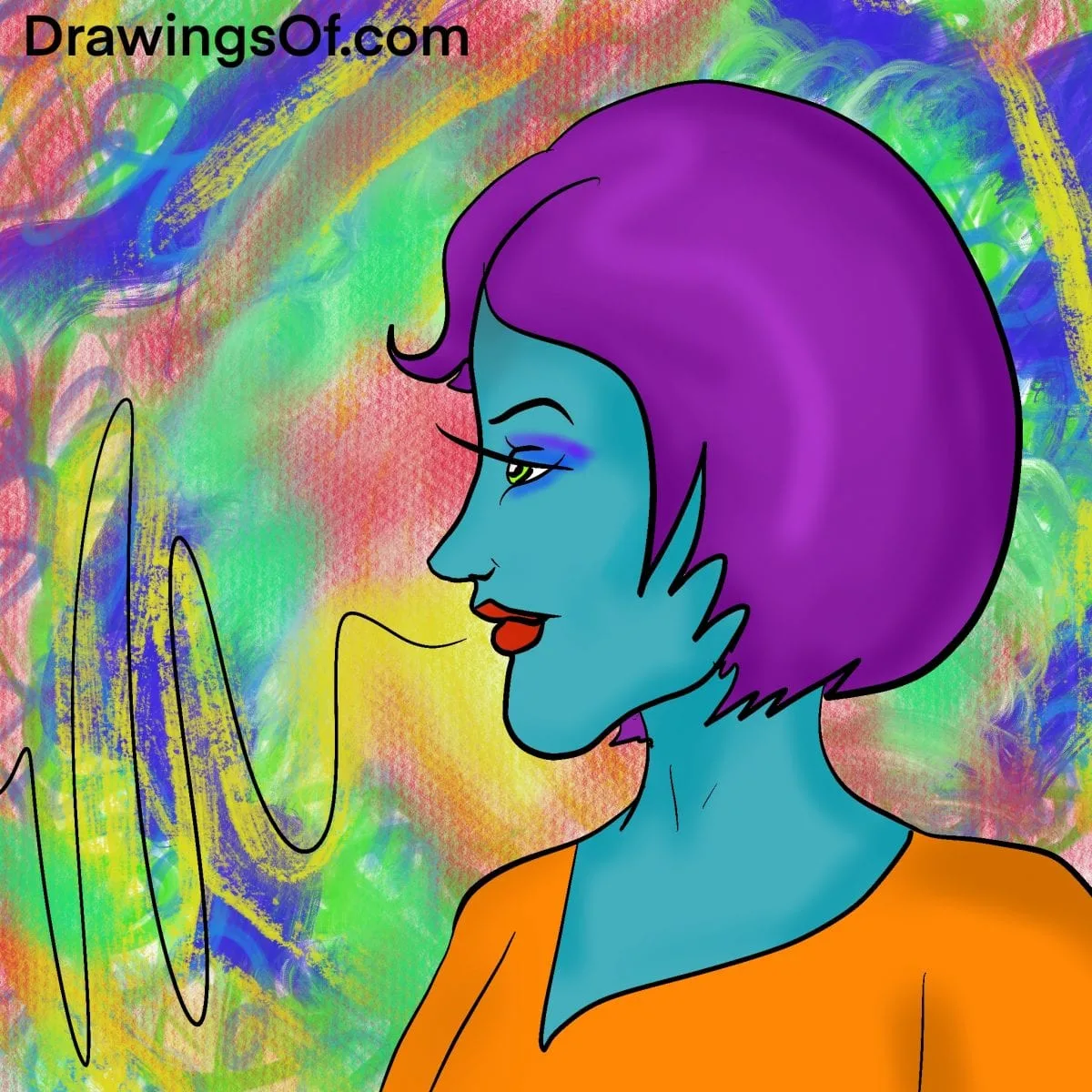 Blue skin purple hair drawing of a woman