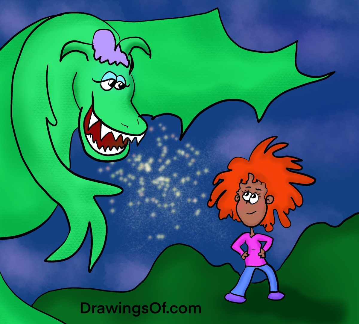 Cartoon dragon talking to a girl smiling story