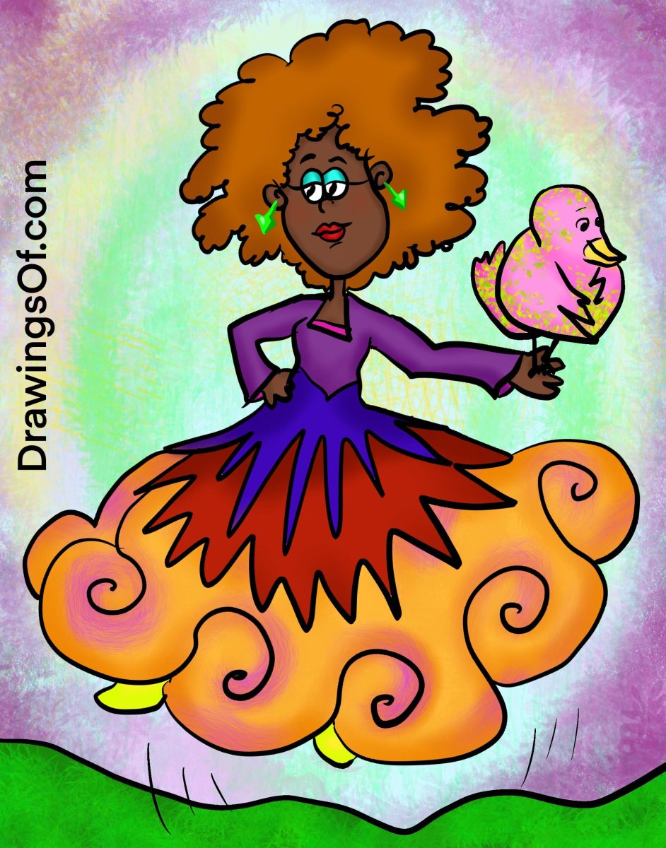 Cartoon woman with dress and bird in hand