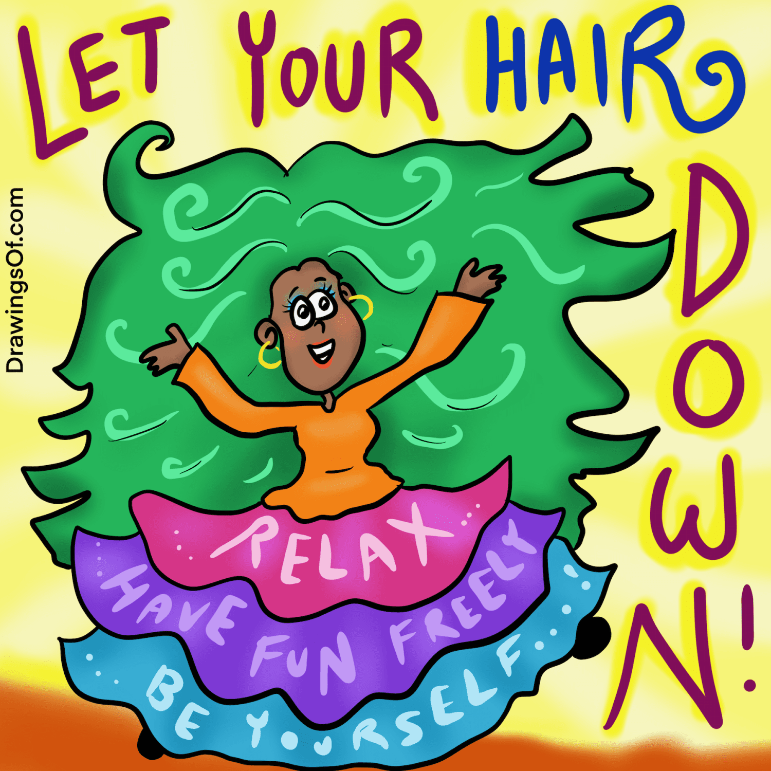 "Let your hair down" meaning, illustrated.