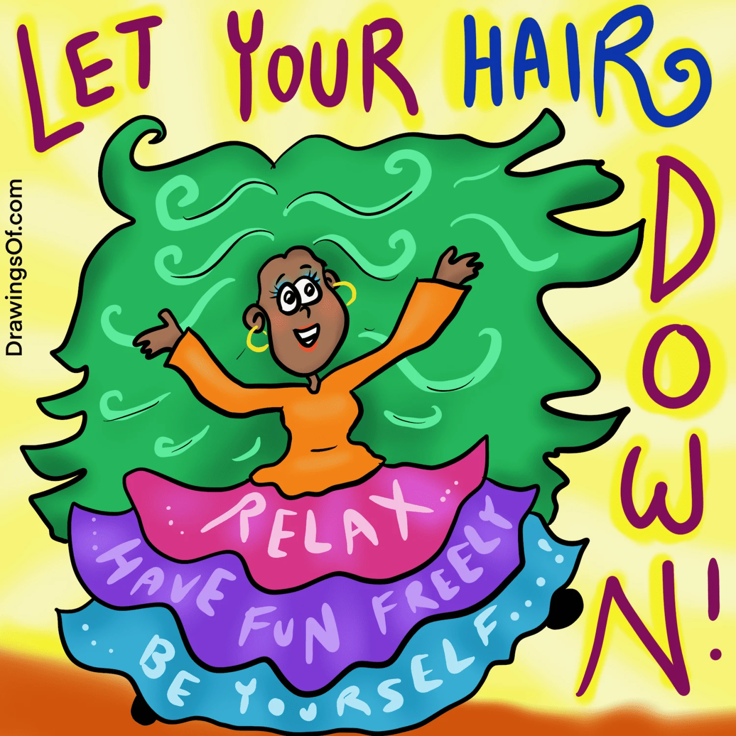 "Let your hair down" meaning, illustrated.
