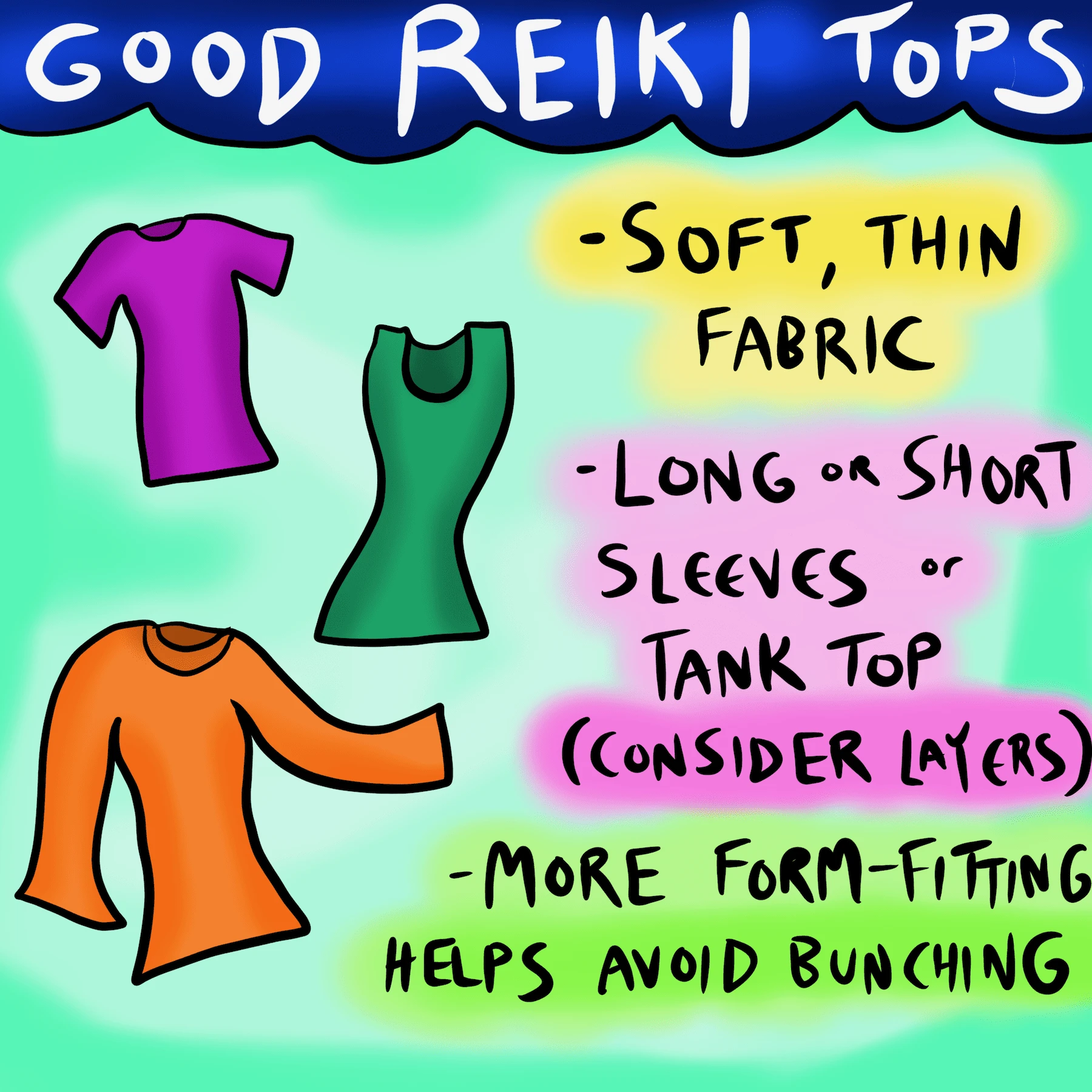 Reiki outfits: Tops.